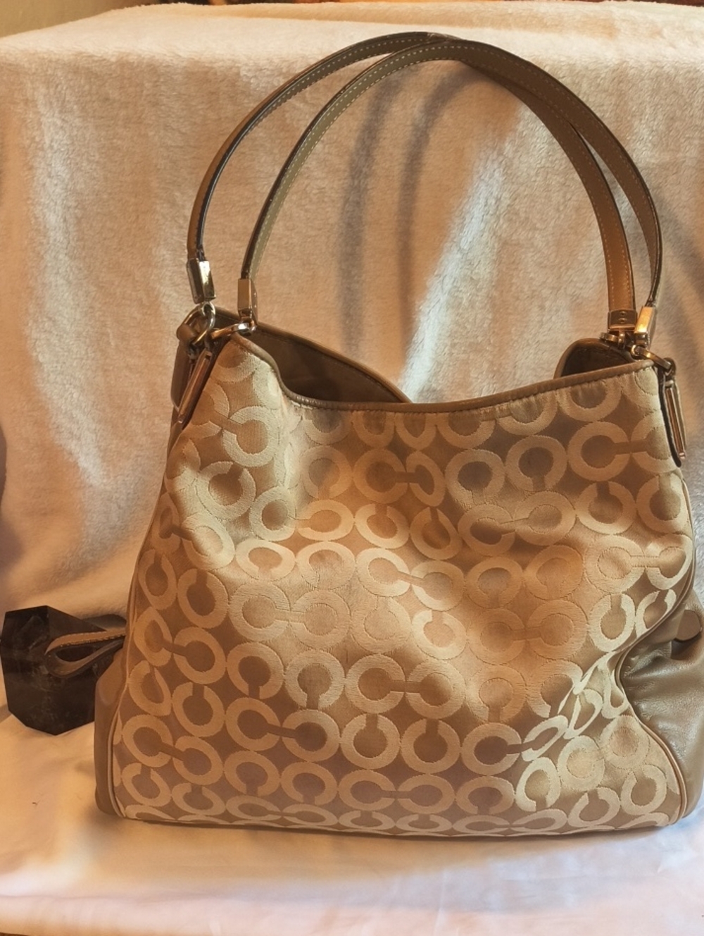 Coach Beige and Gold Signature Jacquard Shoulder Bag with Double Handles